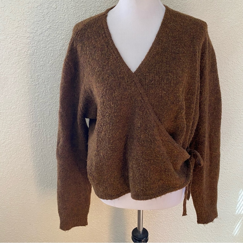 Grade & Gather Brown Wool Wrap Sweater Tight Knit V Neck Long Sleeve: Large